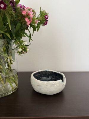 Handmade ceramic noodle bowl in dark blue and cream, new