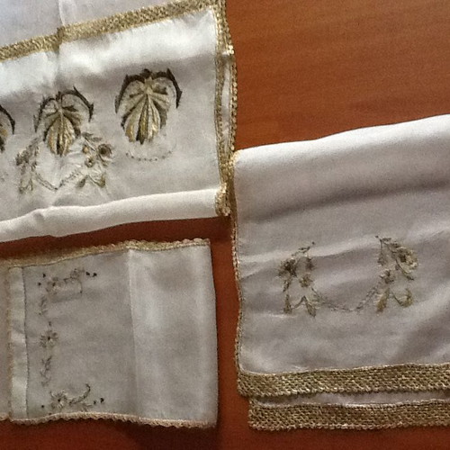 Set of 3 handmade silk table runners with gold thread embroidery and lace trim