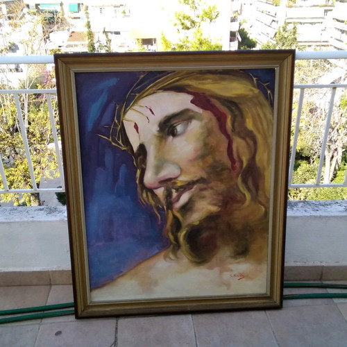 Sotiria Ralli oil painting used, Christ with crown of thorns