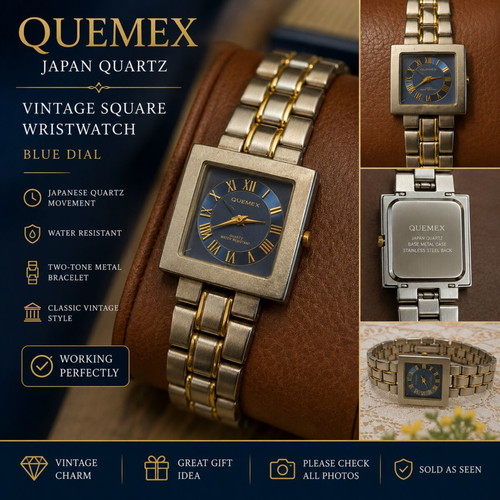 Quemex Japan Quartz Square Watch with Blue Dial and Two-Tone Bracelet