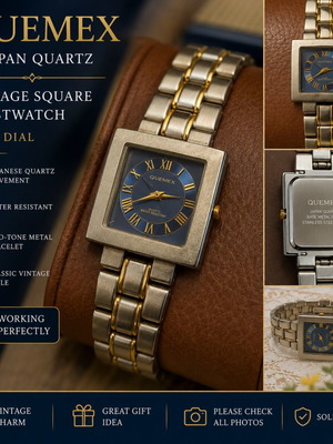 Quemex Japan Quartz Square Watch with Blue Dial and Two-Tone Bracelet