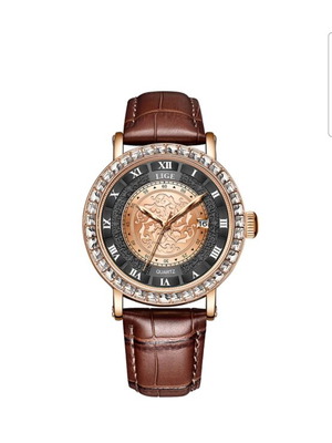 Lige unisex watch with stones and leather strap, new