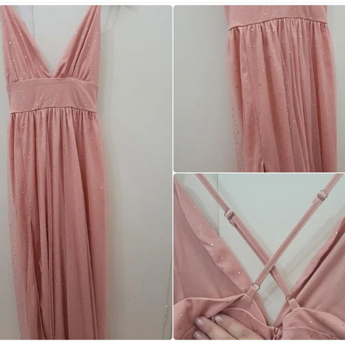 Maxi dress with crisscross back, deep neckline, slit