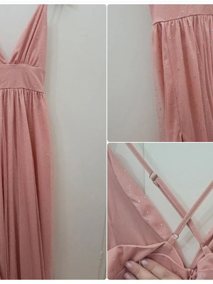 Maxi dress with crisscross back, deep neckline, slit