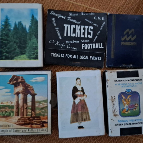 Vintage matchbook collection used, 6 pieces Greek Monopoly and international
