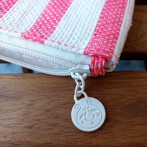 Summer toiletry bag used striped with embroidered Bee Sun Safe phrase