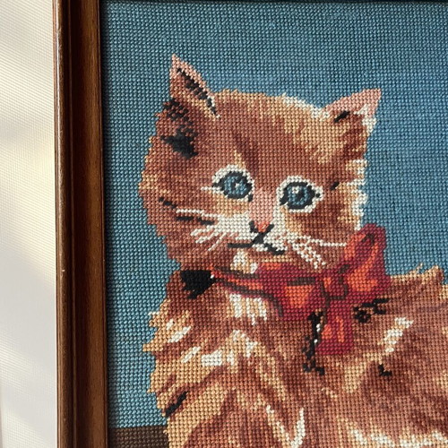 Vintage Handmade Needlepoint Embroidery Framed Cat with Bow used