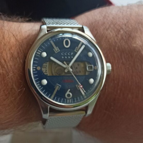 Slava men's automatic watch new, blue dial, stainless steel