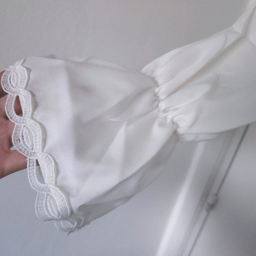 White Embellished Blouse with Embroidered Lace Trim and Poet Sleeves