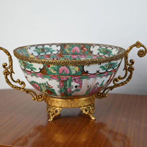 Rose Medallion Chinese porcelain bowl used with gilded brass handles and base