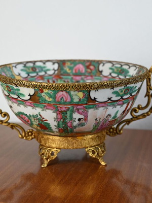 Rose Medallion Chinese porcelain bowl used with gilded brass handles and base