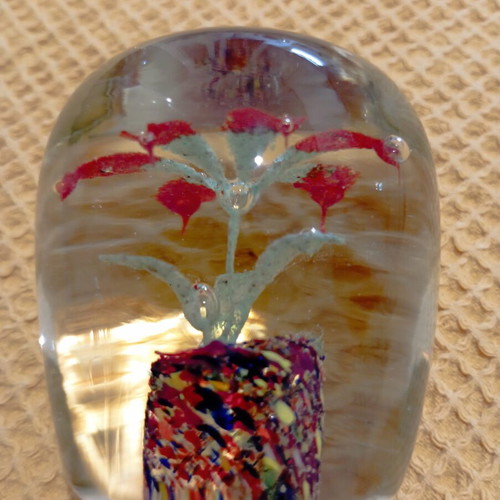 Vintage glass paperweight with handmade 3D red flower motif