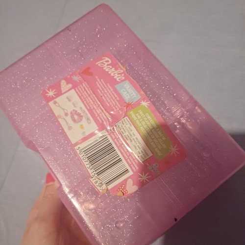Barbie plastic vanity case, translucent pink with glitter