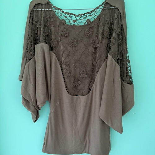 Sky Butterfly Blouse used, khaki with open lace back