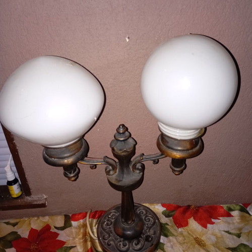 Vintage brass table lamp with two globe shades used, authentic handmade