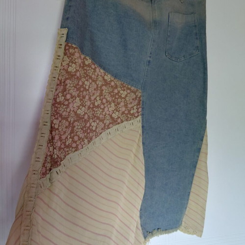Vintage asymmetrical patchwork skirt used, M/L, beige and blue