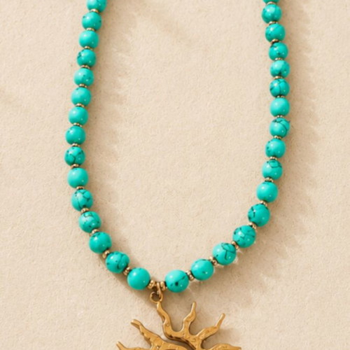 Bohemia handmade necklace with turquoise beads and gold sun pendant like new