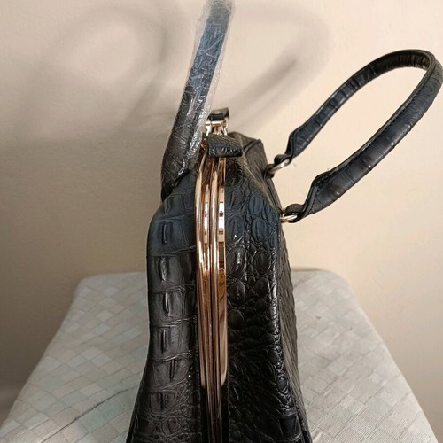 Leather Faux Satchel Bag Croco New With Gold Metal Details
