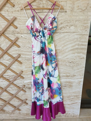 Maxi dress Ysatis satin with multicolor splashes and purple ruffles like new