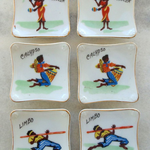 Vintage porcelain souvenir set of 6 plates with Caribbean dancers, made in Japan