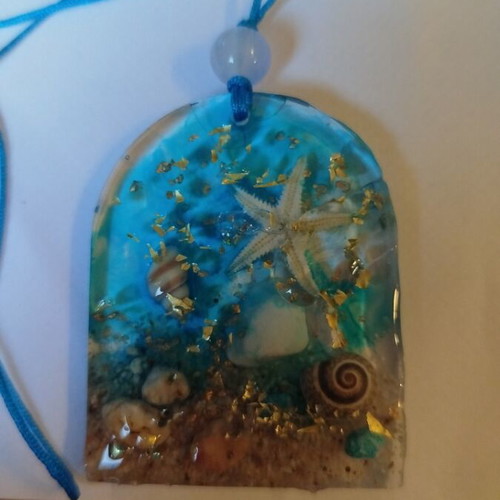 Handmade pendant with liquid glass and sea elements new, beige and blue
