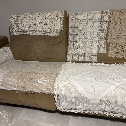 Traditional handmade crochet table linens, 75 pieces, vintage