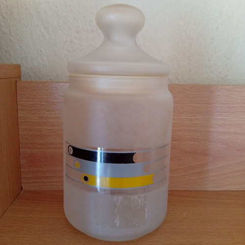Large glass storage jar used, matte finish, 15 cm height
