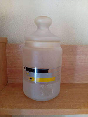 Large glass storage jar used, matte finish, 15 cm height