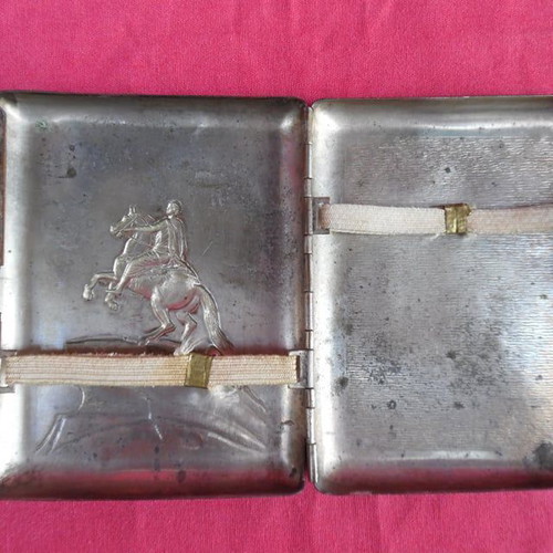 Engraved Tin Cigarette Case from the 1950s with Image of Peter the Great