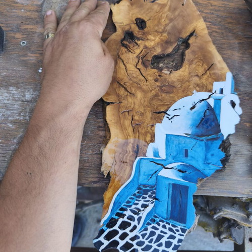 Wood artwork from olive root inspired by Santorini, new
