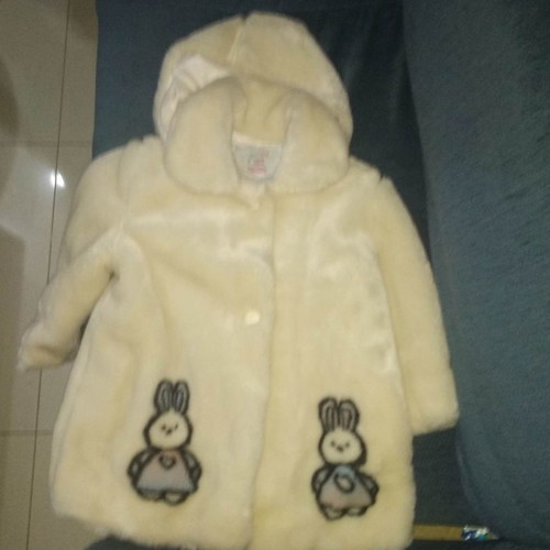 Children's fur coat used with detachable hood, cream with bunnies, age 3-4