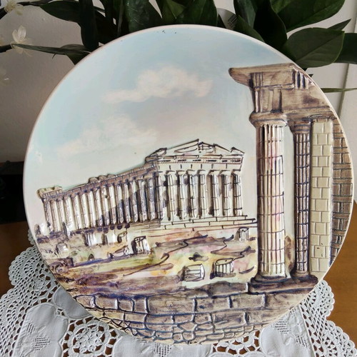 Decorative plate vintage handmade 60s with embossed Parthenon like new