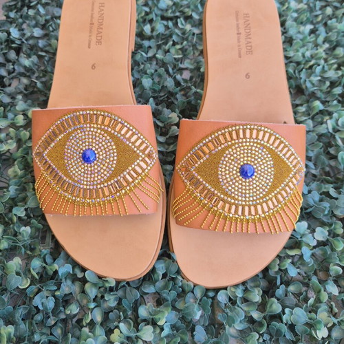 Handmade Evil Eye Sandals new, brown and gold platform