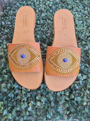 Handmade Evil Eye Sandals new, brown and gold platform