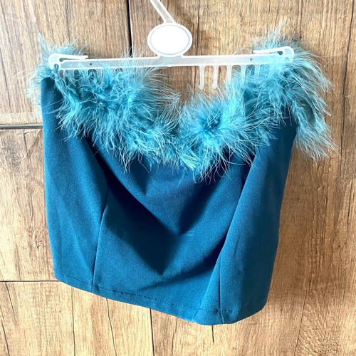 Strapless Top teal blue with feather trim size S-M like new