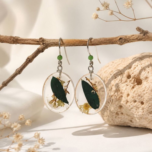 Handmade Resin Earrings Dark Forest with Dried Flowers in Oval Glass