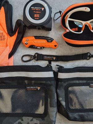 Velocity Pro Gear Gear Up set new with gloves, glasses, tape measure