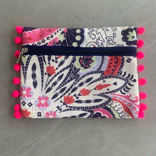 Pretty Me pink and navy paisley pouch makeup bag like new
