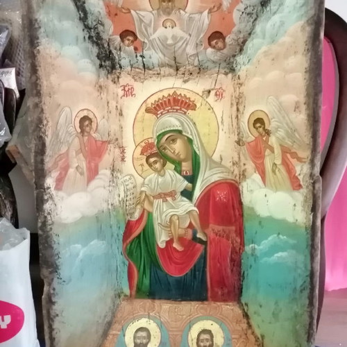 Ιερή εικόνα vintage ζωγραφισμένη σε ξύλινη σκάφη μεταχειρισμένη