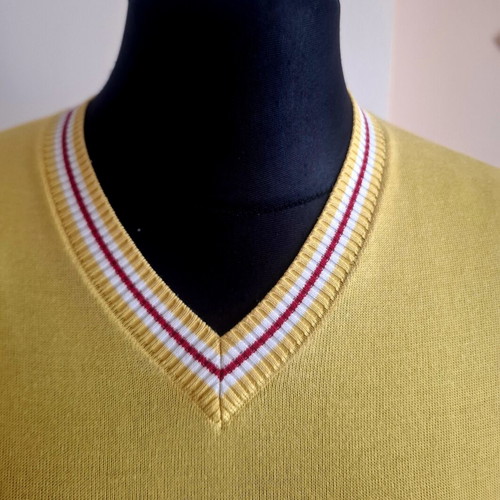 Vintage Cartier blouse used, light mustard with burgundy neck, cotton silk