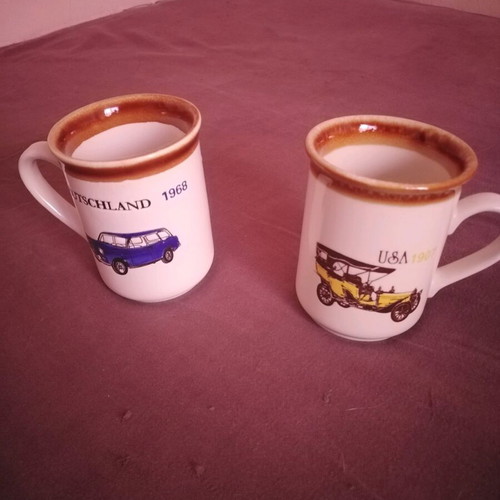 Staffordshire collectible ceramic mugs set of 2 like new with vintage car designs