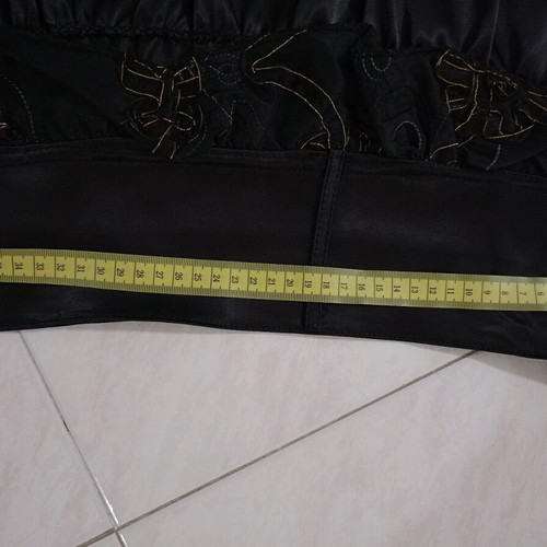 Satin mini skirt black like new with layered ruffles and gold details