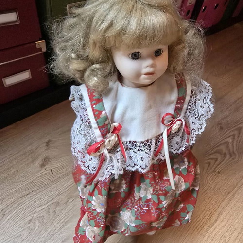 Glass doll country style like new with romantic dress