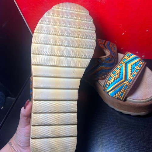 Leather double-strap slippers new, size 39, brown with patterns
