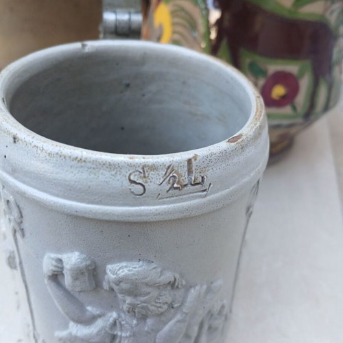 Antique German Westerwald Salt-Glazed Stoneware Beer Stein with Pewter Lid used