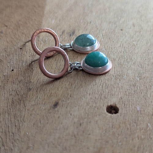Handmade copper and sterling silver earrings with aventurine stone new