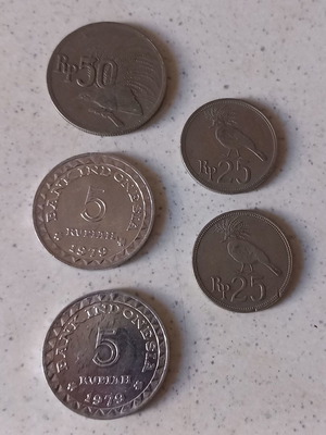Indonesia coins used, 50 Rupiah 1971, 5 Rupiah 1979 & 25 Rupiah 1971