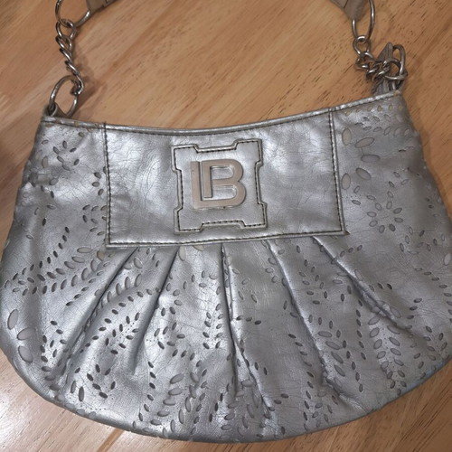 Laura Biagiotti evening bag used, small silver faux leather handbag
