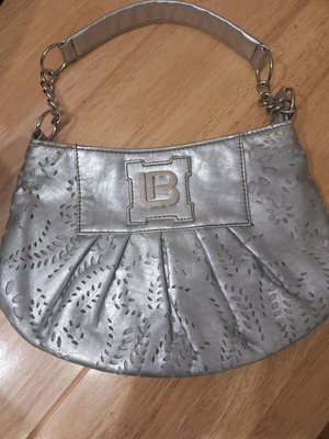 Laura Biagiotti evening bag used, small silver faux leather handbag