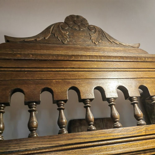 Antique solid walnut entryway furniture with carving, mirror and marble